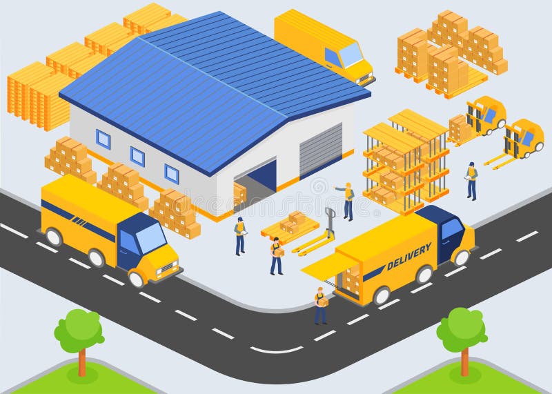Isometric warehouse company. Loading and unloading process from warehouse. Storage building, trucks, people workers vector illustration Isometric warehouse company. Loading and unloading process from warehouse. Storage building, trucks, people workers vector illustration