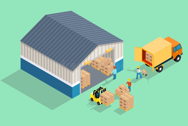 Isometric warehouse. Loading and unloading from vector illustration Isometric warehouse. Loading and unloading from vector illustration
