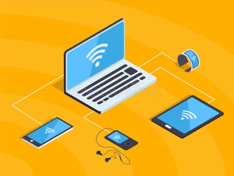 Isometric wifi network with smart gadgets. Synchronization cloud. Technology and internet wireless connection with icons of smartphone, laptop, mp3 player royalty free illustration Isometric wifi network with smart gadgets. Synchronization cloud. Technology and internet wireless connection with icons of smartphone, laptop, mp3 player royalty free illustration