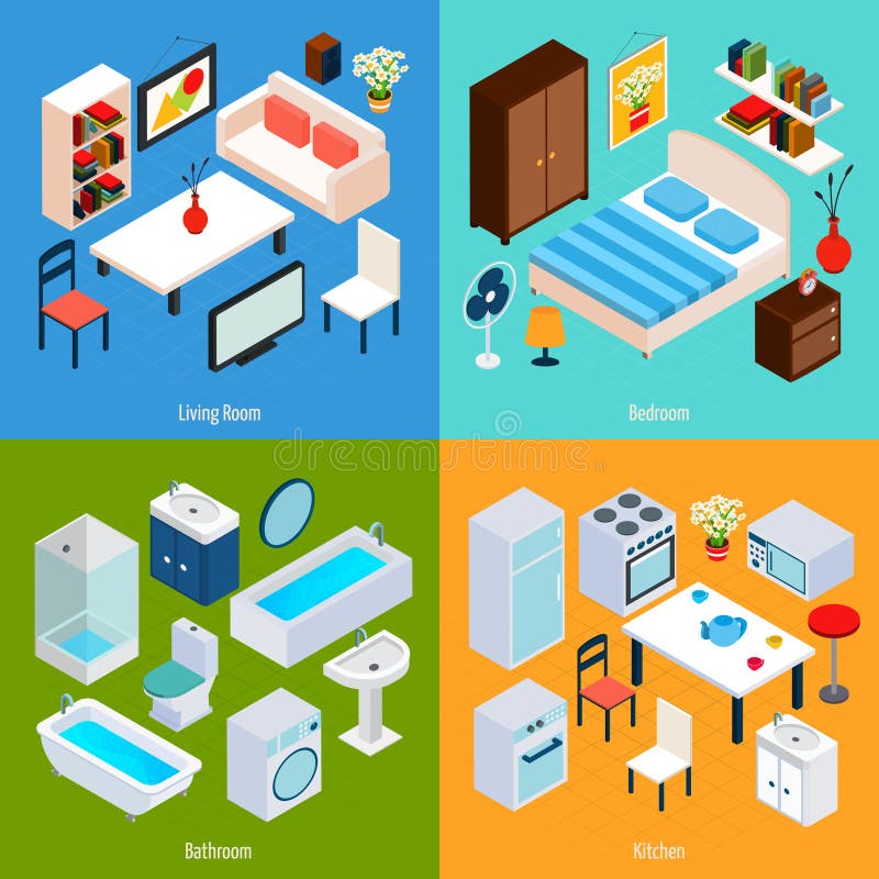 Isometric interior design concept set with living room bedroom bathroom and kitchen 3d icons isolated vector illustration. Isometric interior design concept set with living room bedroom bathroom and kitchen 3d icons isolated vector illustration