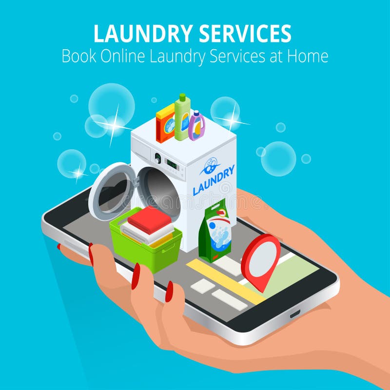 Isometric Woman hand using smartphone booking Online Laundry Service. Book Online Laundry Services at Home concept, App on the screen. Vector illustration.