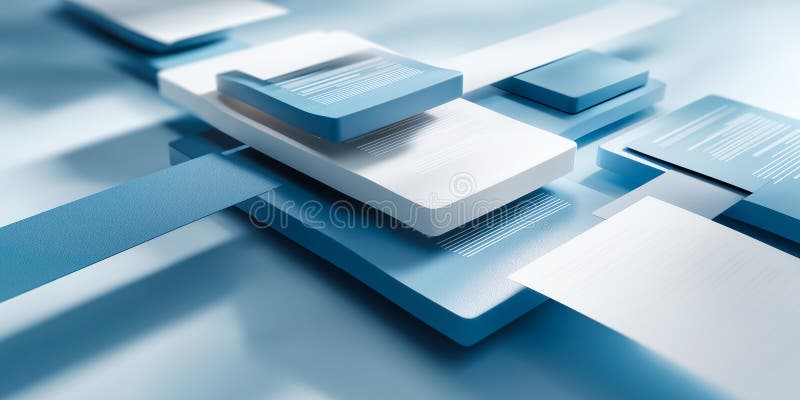 Isometric 3D Business Workflow Concept with Floating Paper Documents and Smooth Plastic Textures in Corporate Blue and White Color vector illustration