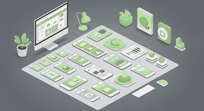 Isometric workspace layout featuring computer, phone, keyboard, and office objects royalty free illustration