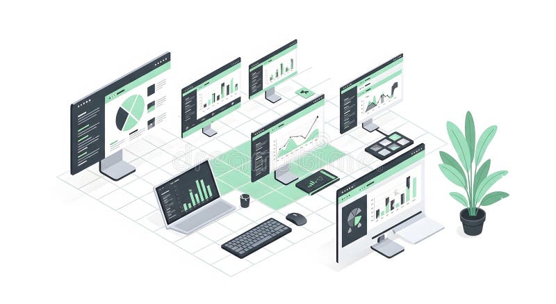 Isometric workspace showing multiple monitors, laptop displaying data charts stock illustration