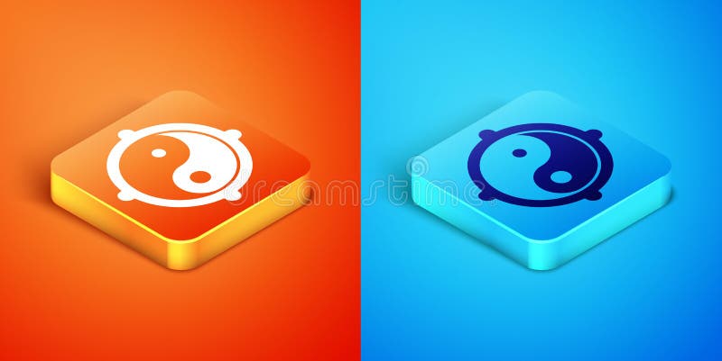 Isometric Yin Yang symbol of harmony and balance icon isolated on orange and blue background. Vector royalty free illustration