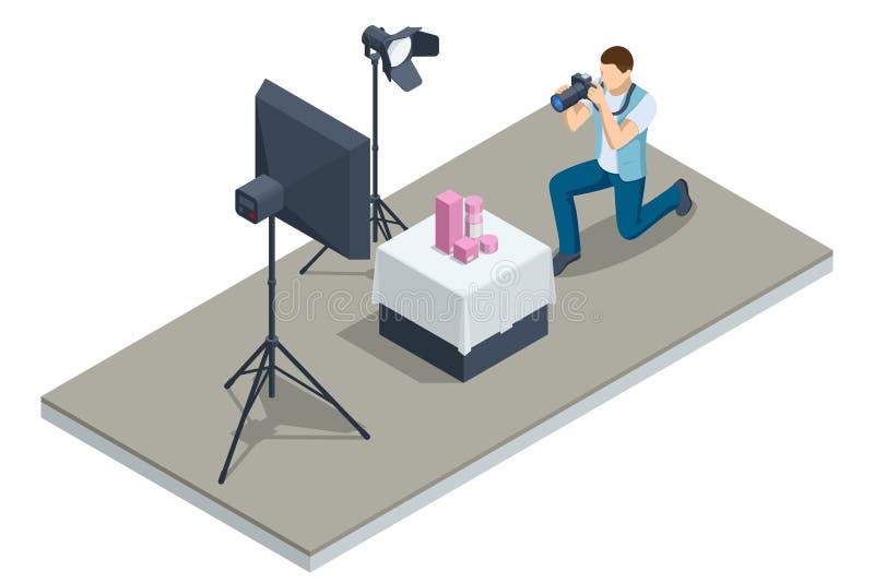 Isometric young man using a professional camera. Modern photo studio with professional equipment royalty free illustration