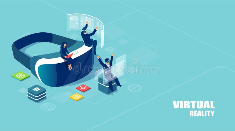 Isometric διάνυσμα της κάσκας εικονικής πραγματικότητας με τους ανθρώπους που μελετούν και που διασκεδάζουν ελεύθερη απεικόνιση δικαιώματος Isometric διάνυσμα της κάσκας εικονικής πραγματικότητας με τους ανθρώπους που μελετούν και που διασκεδάζουν ελεύθερη απεικόνιση δικαιώματος