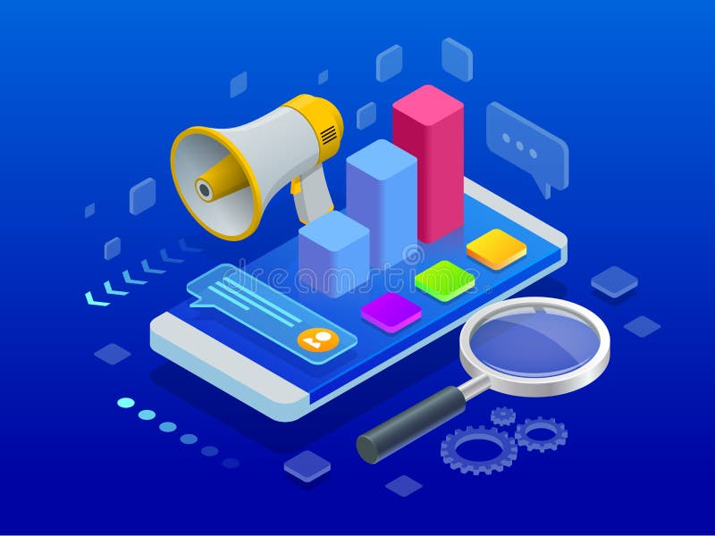 Isometric ψηφιακό μάρκετινγκ, έννοια εμπορικής στρατηγικής επίσης corel σύρετε το διάνυσμα απεικόνισης απεικόνιση αποθεμάτων Isometric ψηφιακό μάρκετινγκ, έννοια εμπορικής στρατηγικής επίσης corel σύρετε το διάνυσμα απεικόνισης απεικόνιση αποθεμάτων