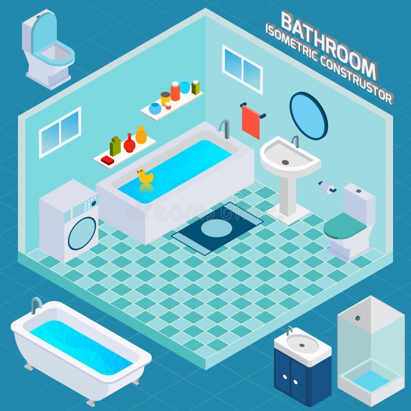 Isometric bathroom and toilet apartment interior with 3d facilities and decor elements vector illustration. Isometric bathroom and toilet apartment interior with 3d facilities and decor elements vector illustration