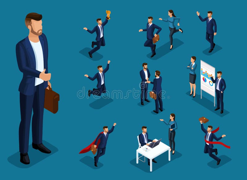 Isometric cartoon people, 3d set of businessman and business lady in different situations, big man office work and concepts for vector illustration. Isometric cartoon people, 3d set of businessman and business lady in different situations, big man office work and concepts for vector illustration.