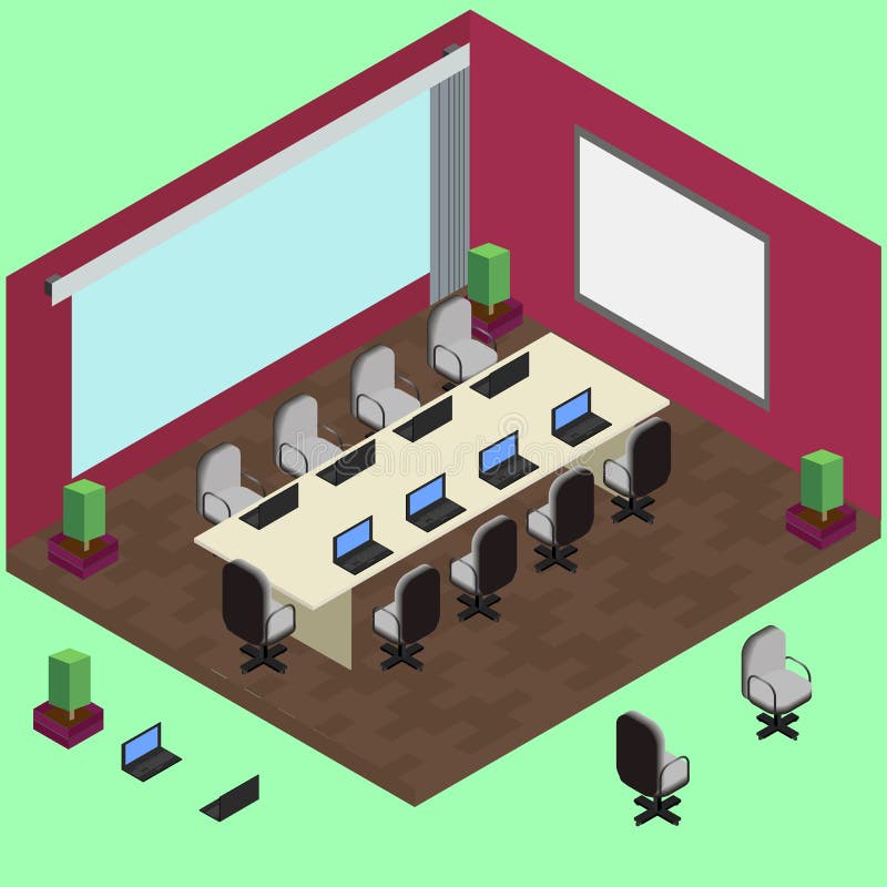 Isometric αίθουσα συνδιαλέξεων με το lap-top, πίνακας, πολυθρόνες ελεύθερη απεικόνιση δικαιώματος Isometric αίθουσα συνδιαλέξεων με το lap-top, πίνακας, πολυθρόνες ελεύθερη απεικόνιση δικαιώματος