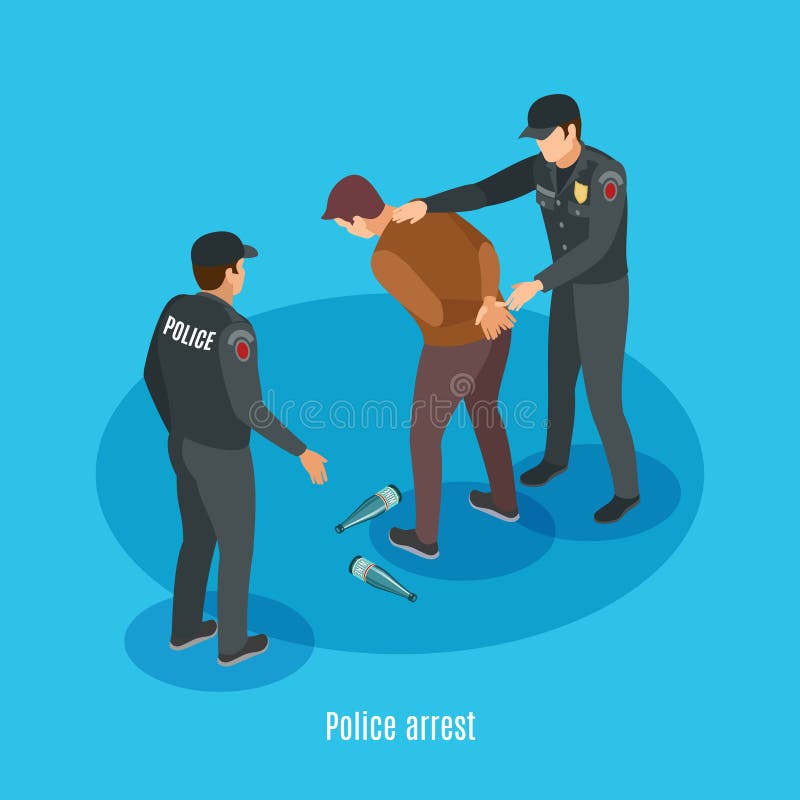 Police detention of alcohol dependent drunk man with risky violent abusive  behavior isometric background poster vector illustration. Police detention of alcohol dependent drunk man with risky violent abusive  behavior isometric background poster vector illustration