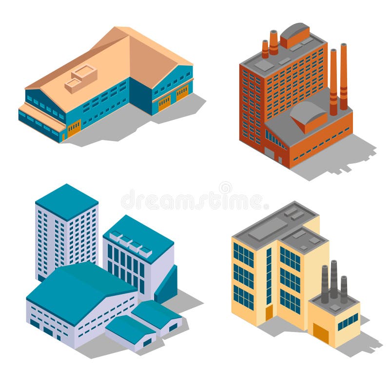 Isometric εργοστάσιο και βιομηχανικά κτήρια καθορισμένα απεικόνιση αποθεμάτων Isometric εργοστάσιο και βιομηχανικά κτήρια καθορισμένα απεικόνιση αποθεμάτων