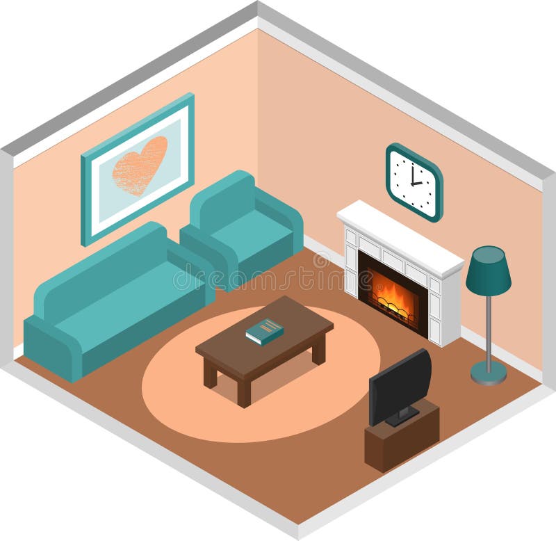 Isometric εσωτερικό καθιστικών με την εστία και τον καναπέ απεικόνιση αποθεμάτων Isometric εσωτερικό καθιστικών με την εστία και τον καναπέ απεικόνιση αποθεμάτων
