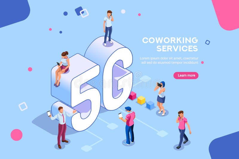 Isometric κινητή 5G παραγωγή ανθρώπων διανυσματική απεικόνιση Isometric κινητή 5G παραγωγή ανθρώπων διανυσματική απεικόνιση