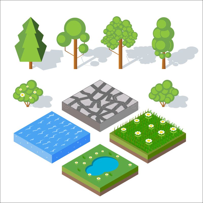 Isometric στοιχεία τοπίων Οι Μπους και δέντρα, νερό, χλόη ελεύθερη απεικόνιση δικαιώματος Isometric στοιχεία τοπίων Οι Μπους και δέντρα, νερό, χλόη ελεύθερη απεικόνιση δικαιώματος