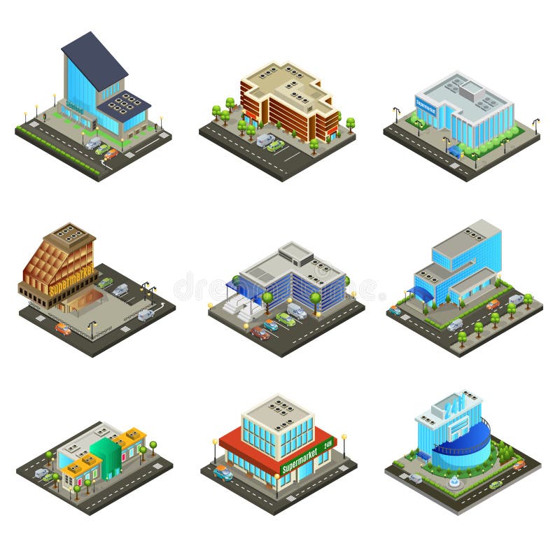 Isometric σύγχρονα κτήρια υπεραγορών καθορισμένα ελεύθερη απεικόνιση δικαιώματος Isometric σύγχρονα κτήρια υπεραγορών καθορισμένα ελεύθερη απεικόνιση δικαιώματος