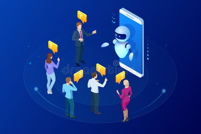 Isometric τεχνητή νοημοσύνη Συνομιλία BOT και μελλοντικό μάρκετινγκ Έννοια AI και επιχειρήσεων IOT Επανδρώνει και να κουβεντιάσει ελεύθερη απεικόνιση δικαιώματος