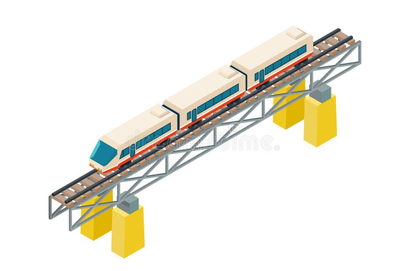 Isometric τραίνο σιδηροδρόμου στις ράγες σιδηροδρόμων διανυσματική απεικόνιση σχεδίου σωρών στην επίπεδη διανυσματική απεικόνιση