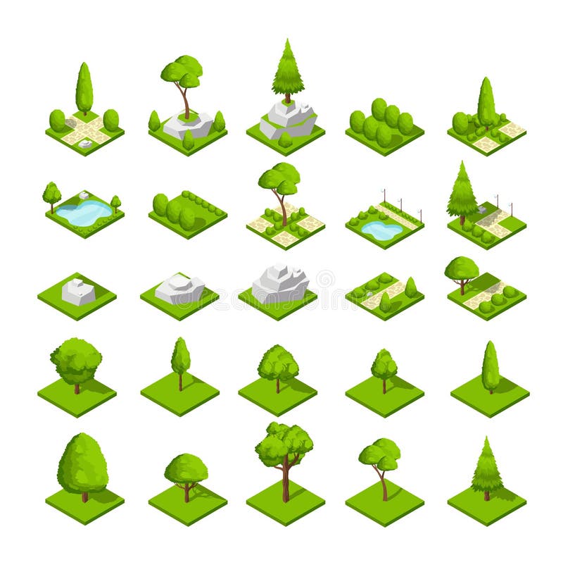 Isometric τρισδιάστατα στοιχεία φύσης Δέντρα και εγκαταστάσεις πάρκων δασών και πόλεων Διανυσματική γραφική παράσταση χαρτών διανυσματική απεικόνιση Isometric τρισδιάστατα στοιχεία φύσης Δέντρα και εγκαταστάσεις πάρκων δασών και πόλεων Διανυσματική γραφική παράσταση χαρτών διανυσματική απεικόνιση