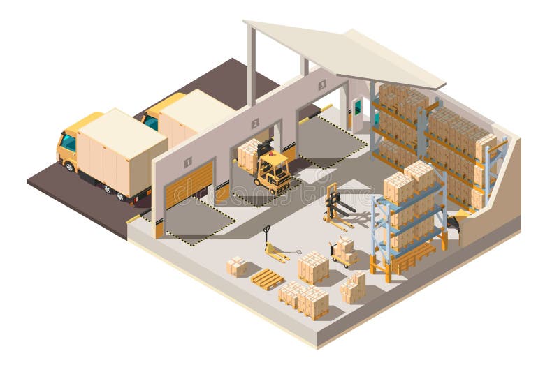 Isometric τρισδιάστατη αποθήκη εμπορευμάτων με το χώρο στάθμευσης, το φορτηγό αποστολών, forklift και το κιβώτιο για την παράδοση διανυσματική απεικόνιση Isometric τρισδιάστατη αποθήκη εμπορευμάτων με το χώρο στάθμευσης, το φορτηγό αποστολών, forklift και το κιβώτιο για την παράδοση διανυσματική απεικόνιση