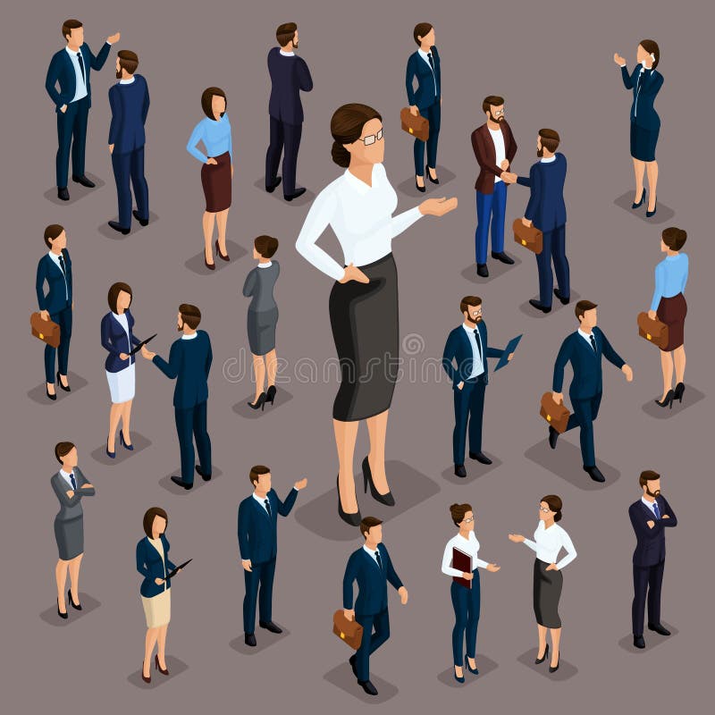 People Isometric 3D, the big boss is a woman leader, business, business wear. The concept of office workers. Director and subordinates isolated on a dark background. People Isometric 3D, the big boss is a woman leader, business, business wear. The concept of office workers. Director and subordinates isolated on a dark background.