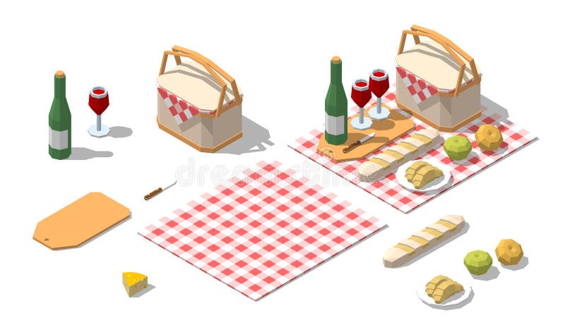 Isometric χαμηλό πολυ σύνολο τροφίμων πικ-νίκ επίσης corel σύρετε το διάνυσμα απεικόνισης απεικόνιση αποθεμάτων