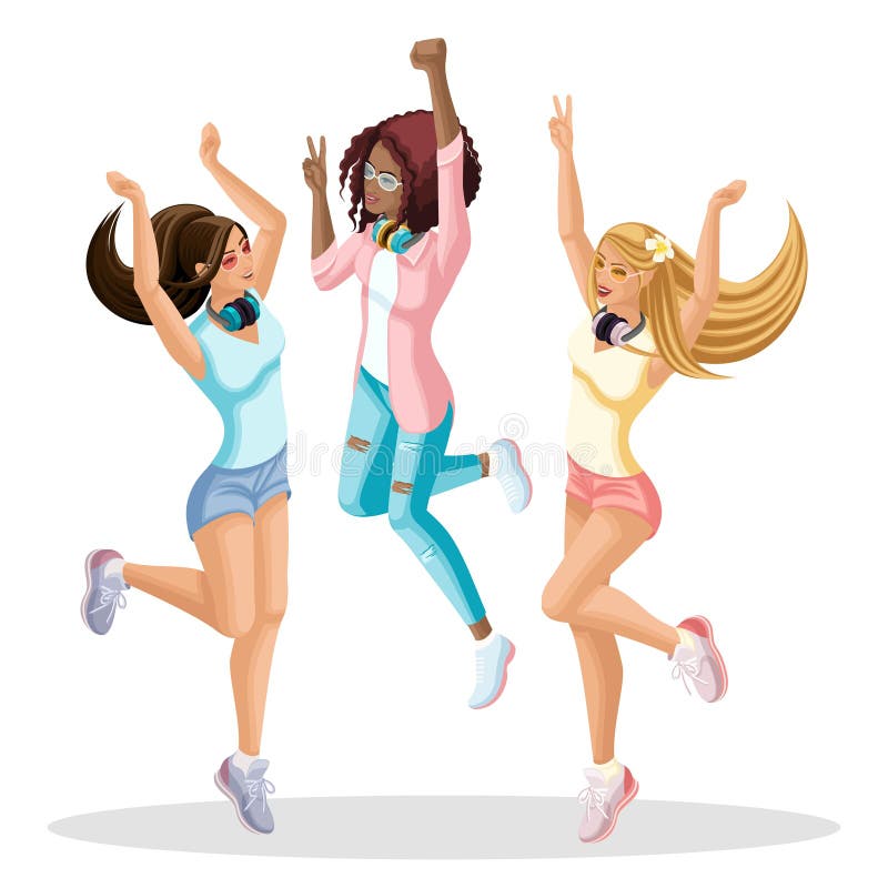 Isometrics das meninas salta, eles é adolescentes felizes, novos, geração Z, melômanos Ilustração do vetor da mola do verão ilustração royalty free Isometrics das meninas salta, eles é adolescentes felizes, novos, geração Z, melômanos Ilustração do vetor da mola do verão ilustração royalty free