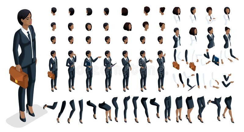 Isometrics folksinnesrörelser vänder mot, skapar ditt tecken affär 3d av en afrikansk amerikankvinna med en uppsättning av sinnes stock illustrationer Isometrics folksinnesrörelser vänder mot, skapar ditt tecken affär 3d av en afrikansk amerikankvinna med en uppsättning av sinnes stock illustrationer