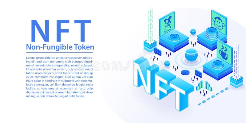 NFT non-fungible token concept as wide web banner layout. 3d isometric vector illustration of digital artwork purchased by crypto vector illustration