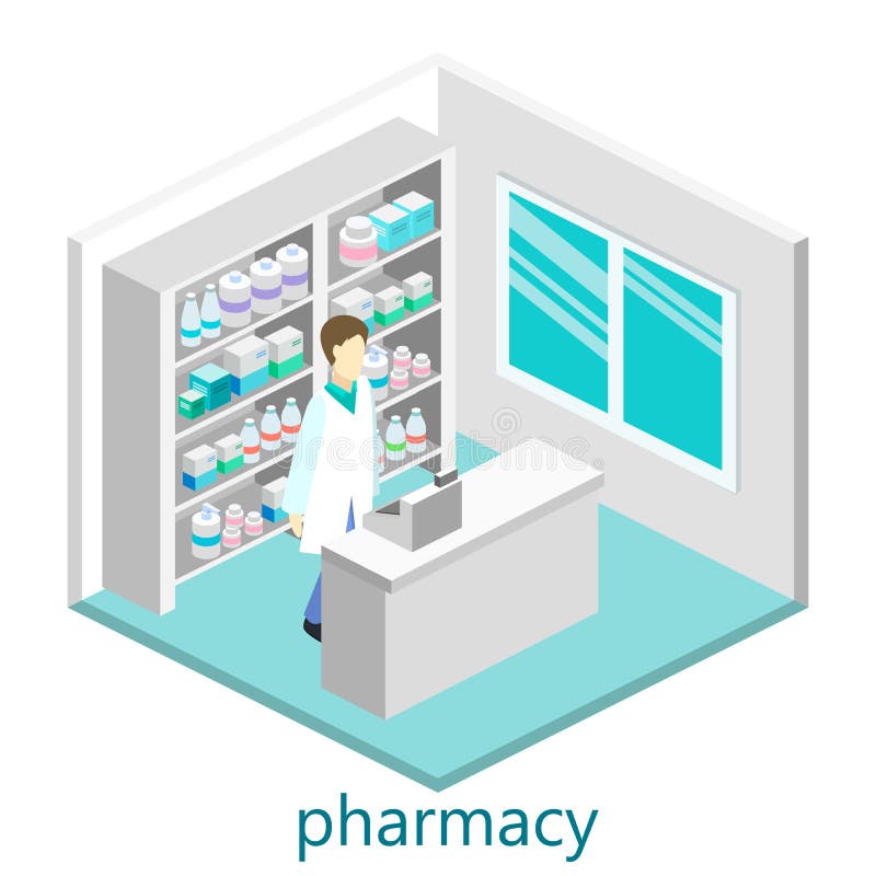 Isometrisch binnenland van apotheek stock illustratie Isometrisch binnenland van apotheek stock illustratie