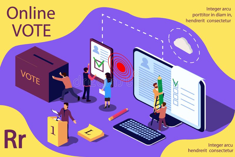 Isometrisch illustratieconcept De groep mensen geeft online stem en verwijdert de stembus royalty-vrije illustratie Isometrisch illustratieconcept De groep mensen geeft online stem en verwijdert de stembus royalty-vrije illustratie