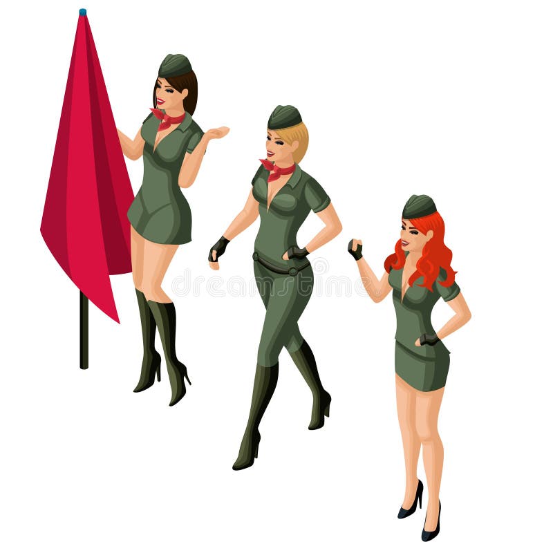 Isometrisch meisje, 3D meisje in militaire eenvormig, blonde, brunette, roodharige De uitstekende karakters van de cijfer heldere stock illustratie Isometrisch meisje, 3D meisje in militaire eenvormig, blonde, brunette, roodharige De uitstekende karakters van de cijfer heldere stock illustratie