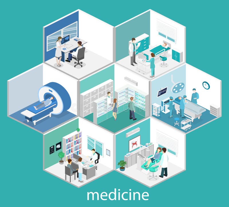 Isometrisch vlak binnenland van het ziekenhuisruimte, apotheek, artsen` s bureau, vector illustratie Isometrisch vlak binnenland van het ziekenhuisruimte, apotheek, artsen` s bureau, vector illustratie