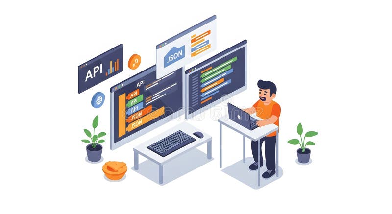 Isometrische Abbildung eines Programmierers, der mit Bildschirmen arbeitet, die API- und JSON-Daten anzeigen vektor abbildung