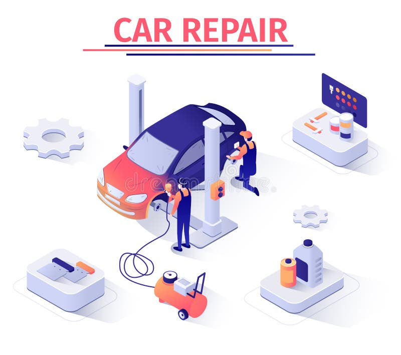 Isometrische Banner met de Verfcentrum van de Autoreparatie vector illustratie Isometrische Banner met de Verfcentrum van de Autoreparatie vector illustratie