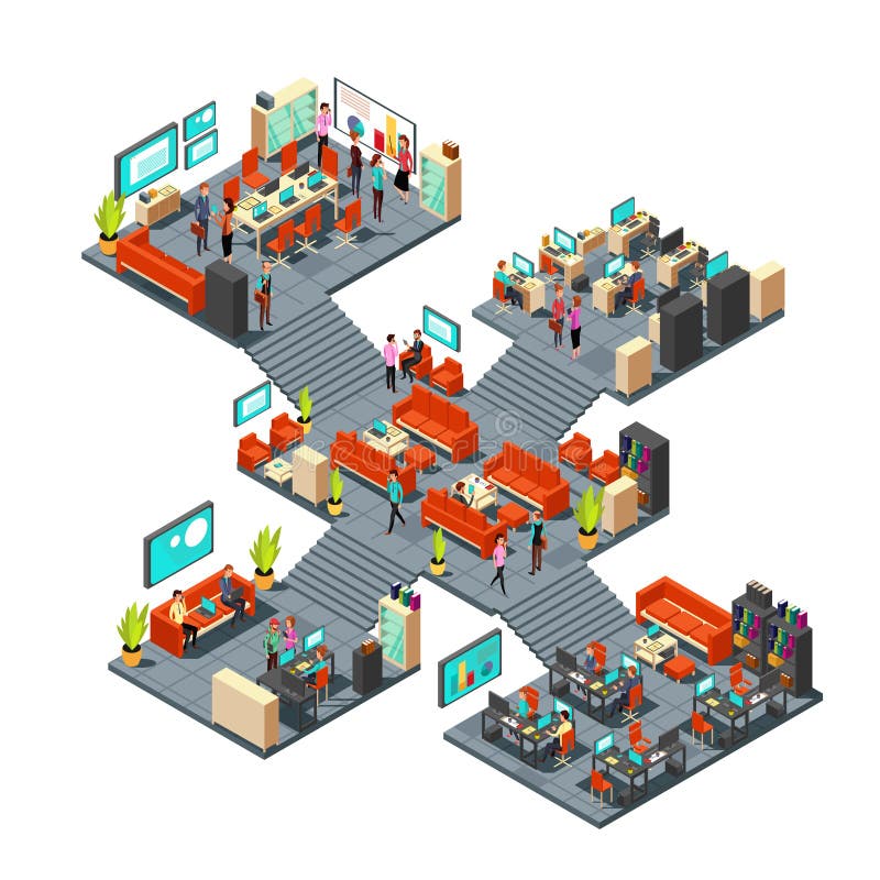Isometrische bedrijfsbureaus met personeel 3d zakenliedenvoorzien van een netwerk in bureaubinnenland Isometrische bedrijfsbureaus met personeel 3d zakenliedenvoorzien van een netwerk in bureaubinnenland