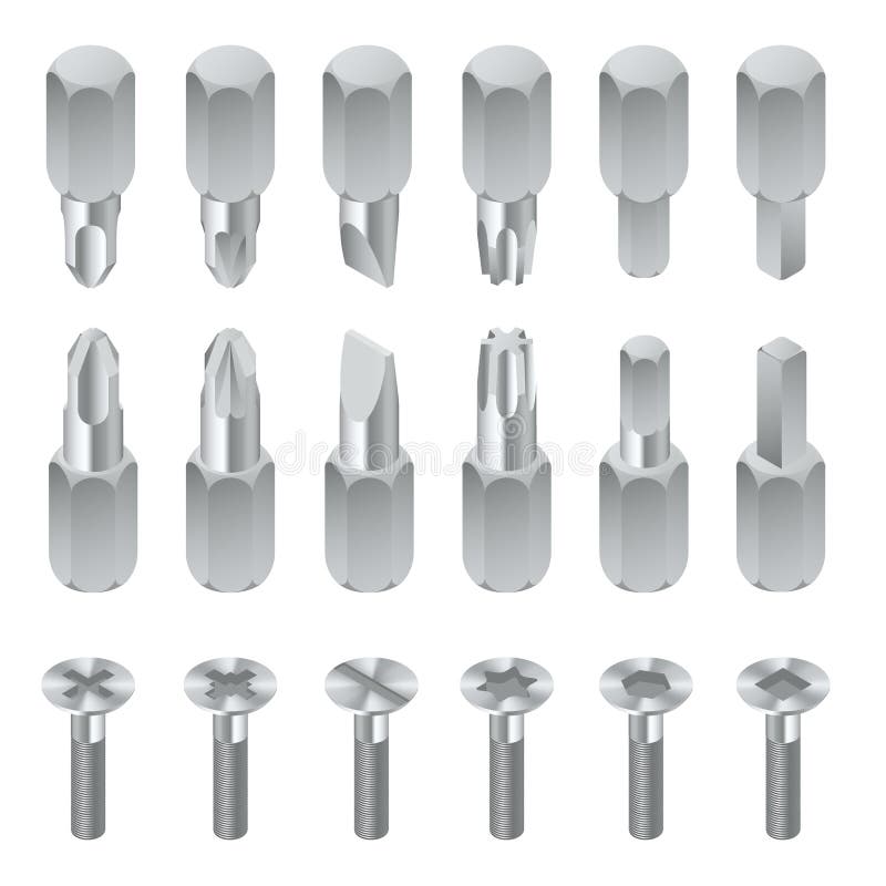 Isometrische Bits für Schraubenzieher isoliert auf weißem Hintergrund Metallteile für Schraubenzieher Reparaturhandwerkzeuge