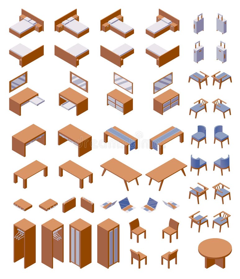 Isometrische conceptmeubelen grote collectie goed voor hotelkamer of gasthuisnummer Vectorhouten set met bedden, stoelen en vector illustratie Isometrische conceptmeubelen grote collectie goed voor hotelkamer of gasthuisnummer Vectorhouten set met bedden, stoelen en vector illustratie