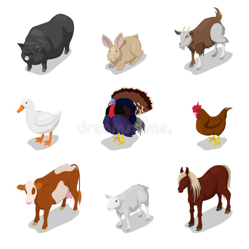 Isometrische die Landbouwbedrijfdieren met Koe, Konijn, Paard en Gans worden geplaatst royalty-vrije illustratie Isometrische die Landbouwbedrijfdieren met Koe, Konijn, Paard en Gans worden geplaatst royalty-vrije illustratie