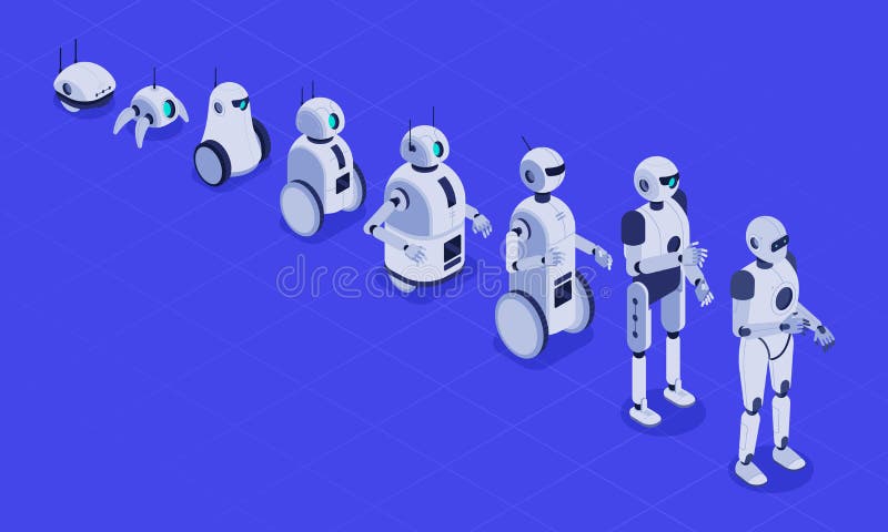 Isometrische Evolution von Robotern Fortschritte in der Robotik, bei futuristischen Robotermaschinen und bei der Entwicklung von stock abbildung