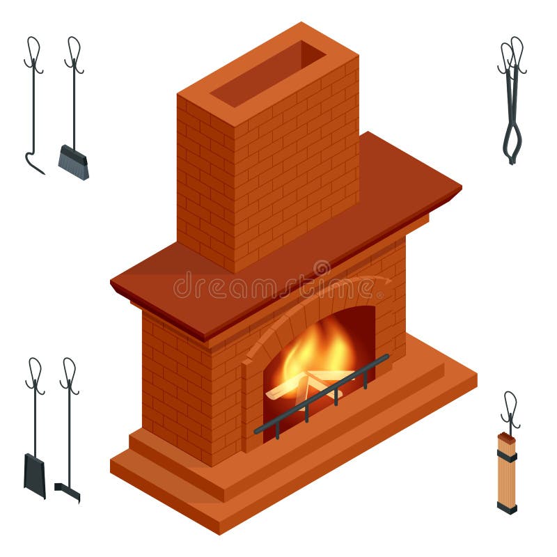 Isometrische haard van steen, geïsoleerd op wit Fireplace for the relaxing ambience, and for heat a room stock illustratie Isometrische haard van steen, geïsoleerd op wit Fireplace for the relaxing ambience, and for heat a room stock illustratie