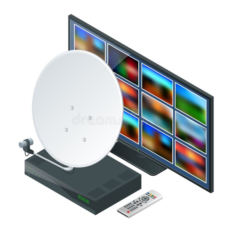 Isometrische Ikone eine Antenne, eine Direktübertragung und Empfänger für Satellitenfernsehen und Fernsehen auf Weiß Drahtlose Te vektor abbildung Isometrische Ikone eine Antenne, eine Direktübertragung und Empfänger für Satellitenfernsehen und Fernsehen auf Weiß Drahtlose Te vektor abbildung