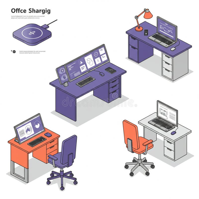 Isometrische Illustration eines modernen Büroaufbaus mit verschiedenen Workstations. Drei lizenzfreie abbildung