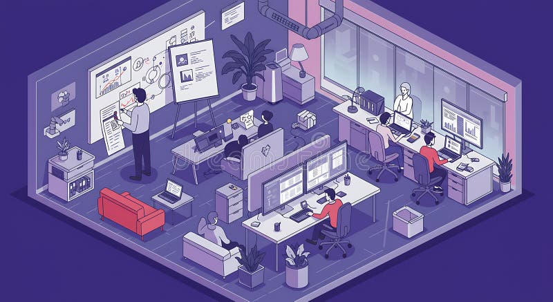 Isometrische Illustration eines modernen Büros mit mehreren Mitarbeitern. Funktionen lizenzfreie abbildung