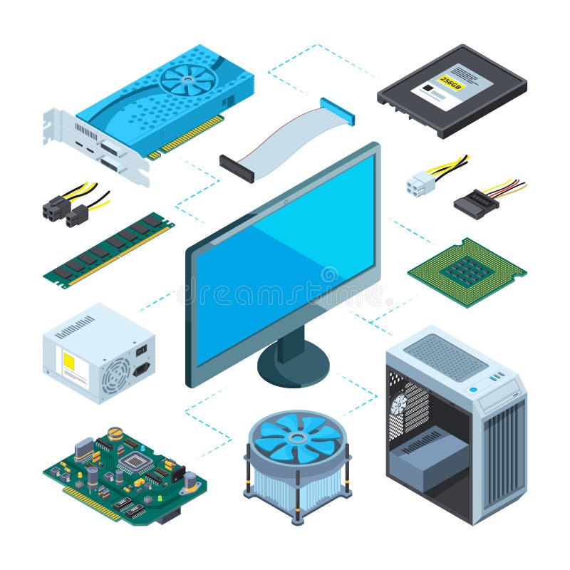 Isometric illustrations of computer hardware. Vector pictures set computer device equipment, server and processor. Isometric illustrations of computer hardware. Vector pictures set computer device equipment, server and processor