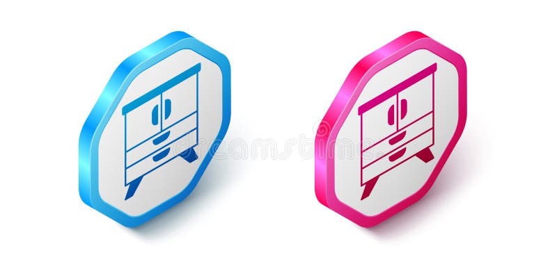 Isometric Chest of drawers icon isolated on white background. Hexagon button. Vector. Isometric Chest of drawers icon isolated on white background. Hexagon button. Vector.