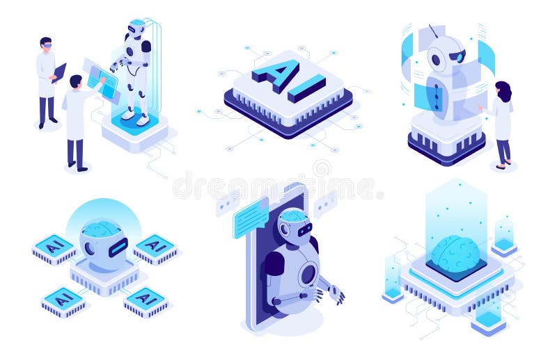 Isometrische künstliche Intelligenz Digitales Gehirnneuronales Netzwerk, AI-Server und Roboter-Technologie Vektorgrafik lizenzfreie abbildung