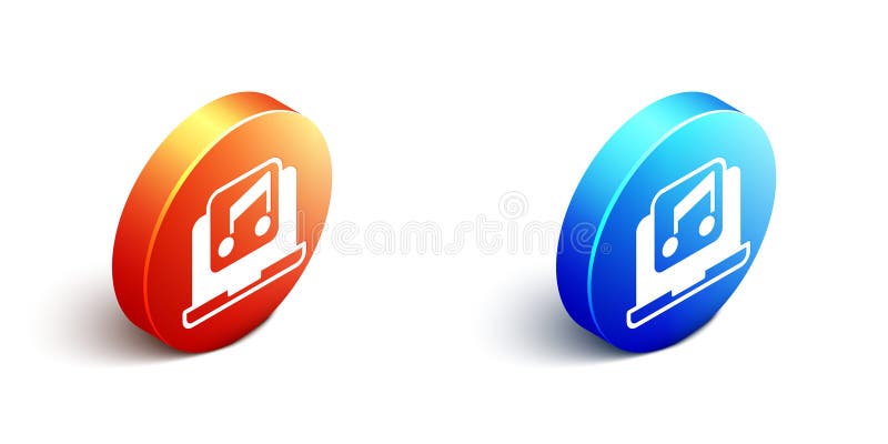 Isometric Laptop with music note symbol on screen icon isolated on white background. Orange and blue circle button. Vector. Isometric Laptop with music note symbol on screen icon isolated on white background. Orange and blue circle button. Vector.