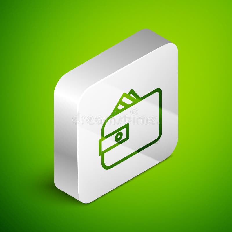 Isometrische Linie Geldbörse mit Stapeln Papier Geld Cash-Symbol auf grünem Hintergrund isoliert. Geldbeutelsymbol. Sparsymbol